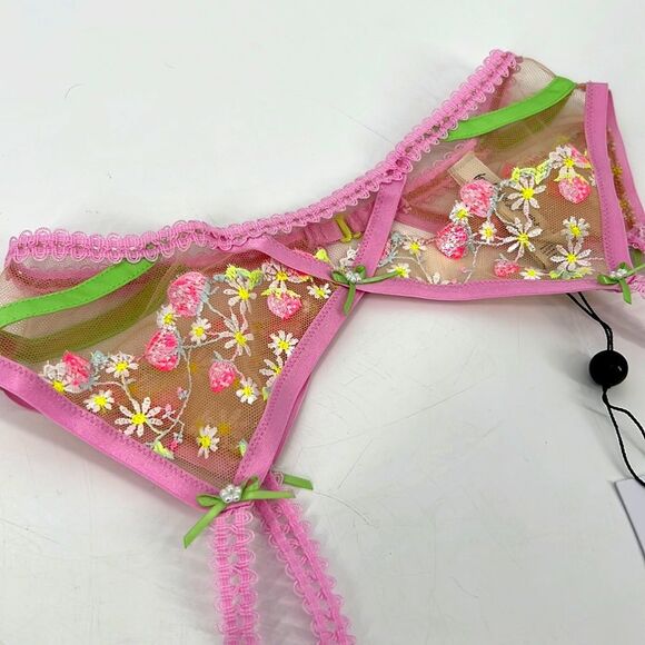 For Love and Lemons Tutti Fruiti Shimmer Pink Green Floral Garter Belt Small NWT - Picture 6 of 8